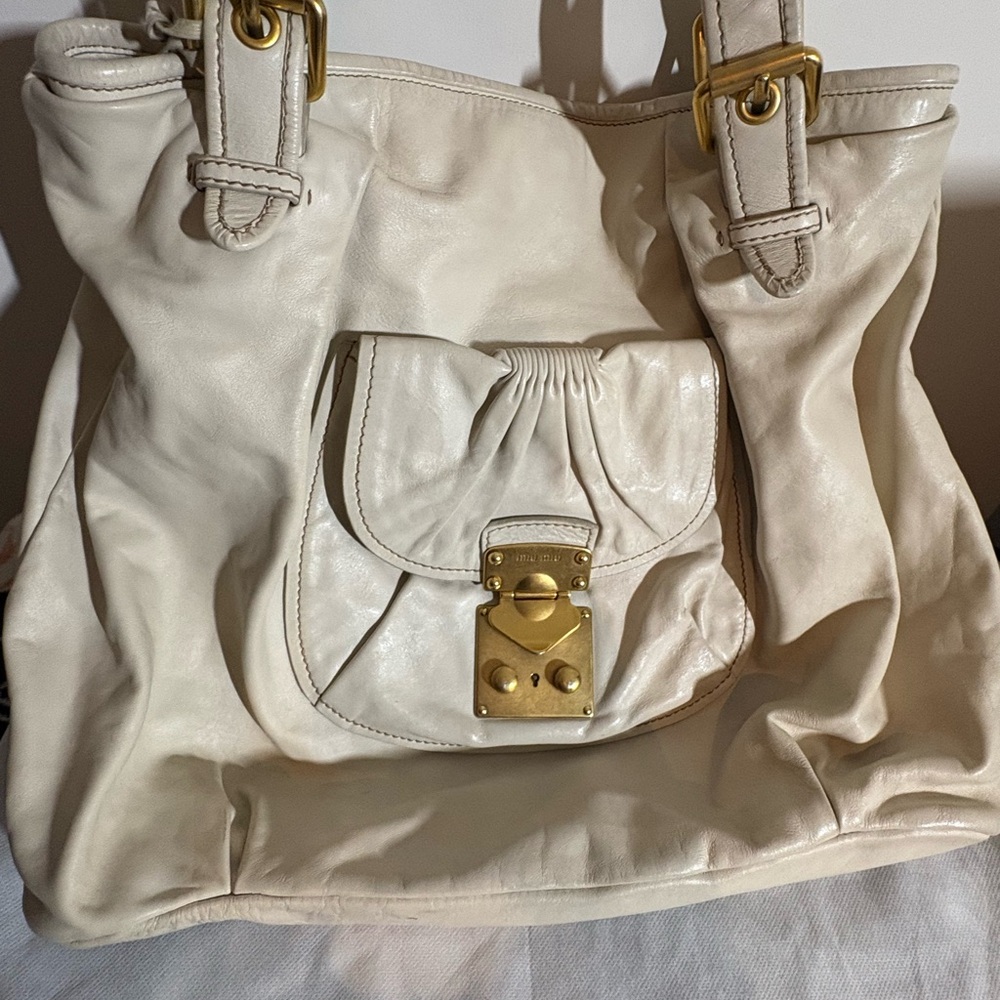 Miu Miu Cream Shoulder Bag with Gold Accents